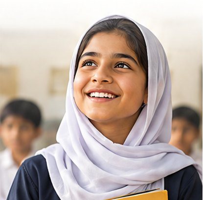 A smiling schoolgirl holding her books