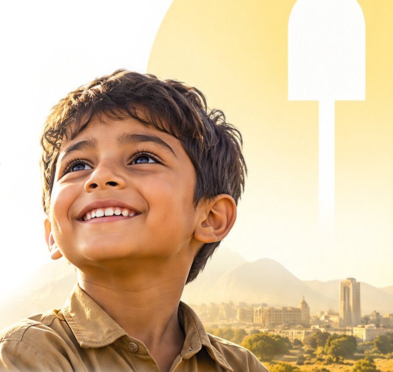 A smiling boy looking up, with a city skyline behind him