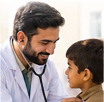 A doctor examining a young boy with a stethoscope