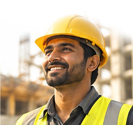 A smiling worker in a hard hat at a rebuilding site
