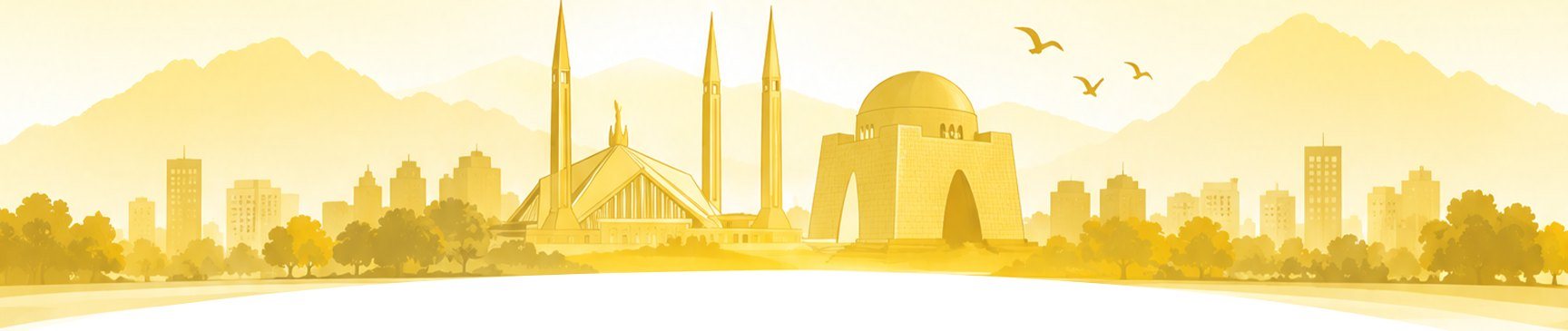Illustrated Pakistani skyline with Faisal Mosque and Mazar-e-Quaid